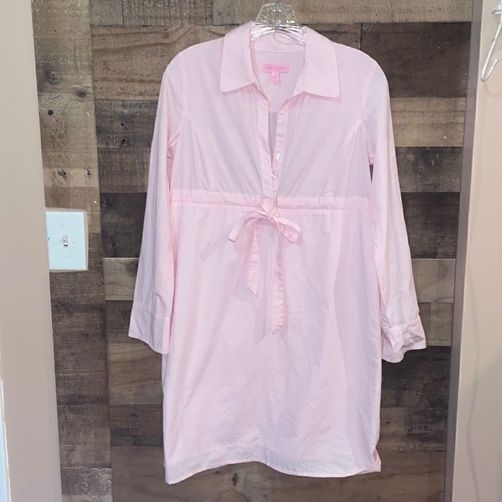 Lilly Pulitzer 100% Cotton Light Pink Pinstripe Shirt Dress